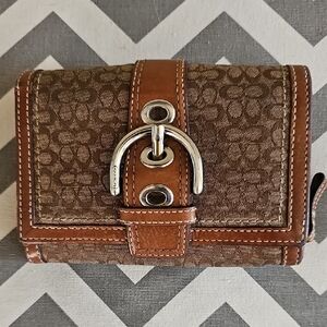 Coach Brown Mini Signature C Monogram Bifold Wallet with Silver Buckle